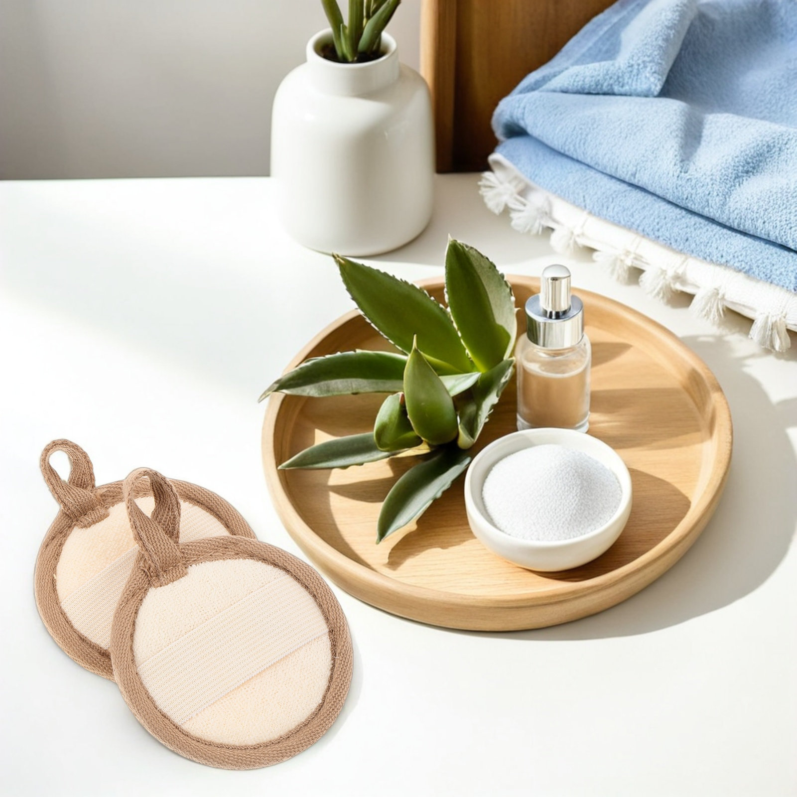 Cleanser Face - 8個入り 天然素材のヘチマ製 フェイスパックパッド。やさしいスクラブで角質を除去し、メイク落としにも使用できる洗顔パッド。